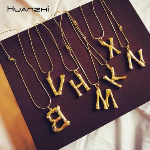 HUANZHI Letter Exaggeration Personality Gold Color Metal Pendant Alloy Simple Long Chain Necklaces For Women Party Jewelry Gifts