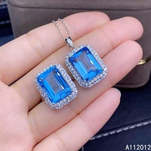 KJJEAXCMY Fine Jewelry 925 sterling silver inlaid natural blue topaz new girl luxury necklace pendant ring set support test
