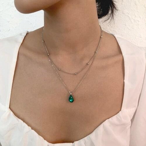 Lalynnly New Fashion Elegant Green Color Water Drop Double Thin Pendant Clavicle Chain Necklace Women Wholesale Jewelry N9052
