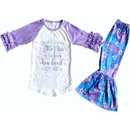 Fashion new autumn suit lovely little girl purple long sleeve + blue bell bottom pants boutique set wholesale