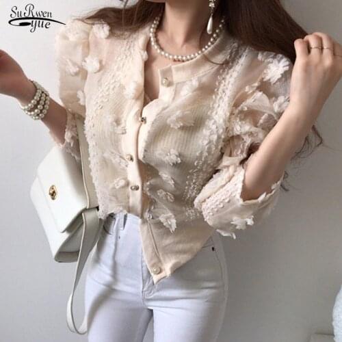 2021 Autumn New Stereoscopic Flower Perspective Blouse Women Fashion Ladys Tops Aprciot Long Sleeve Chiffon Shirt Elegant 15443