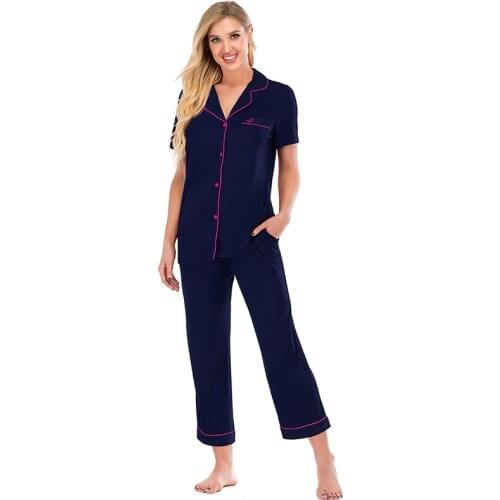 Aamikast Fashion Ladies Pajamas Lapel Short Sleeve + Loose Pants Two-Piece Comfortable Thin Long Sleeve Embroidery Home Wear