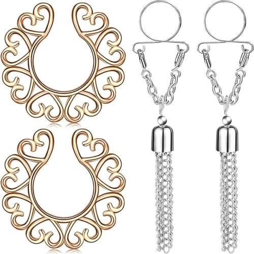 Fake Nipple Rings for Women Non Piercing Fake Nipple Clips Adjustable Rings Faux Body Piercing Jewelry