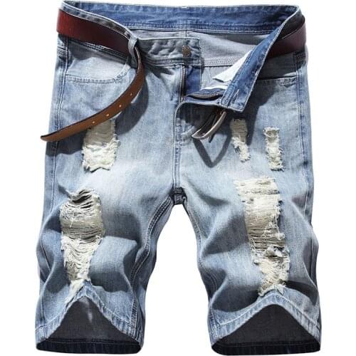 Men Ripped Short Jeans Summer Fashion Holes Denim Shorts Good Quality Male Straight Loose Jean Shorts Knee Length Pants