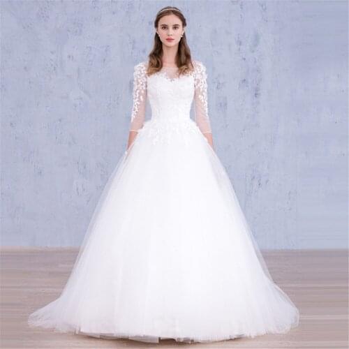 Modest Sheer Scoop Half Sleeves A-Line Wedding Dresses Tulle Sheer Women Bridal Dress Lace Up Corset Women Bride Gowns