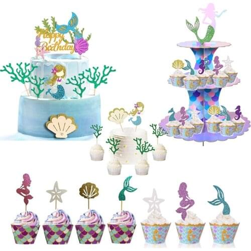 Mermaid Cupcake Toppers and Cake Wrappers Mermaid Cake Stand For Baby Shower Girls Under the Sea Birthday Party Favor Supplies