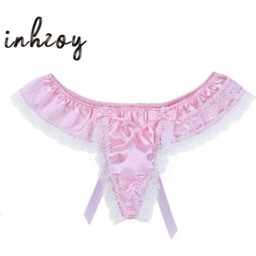 Men Shiny Satin Sissy Panties Hot Sexy Lingerie for Male Double Layers Floral Lace Bowknot Low Rise Bikini Briefs Gay Underwear