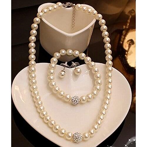 High Quality Cream Faux Pearl and Disco Rhinestone Ball Womens Necklace Bracelet and Stud Earrings Jewelry Sets