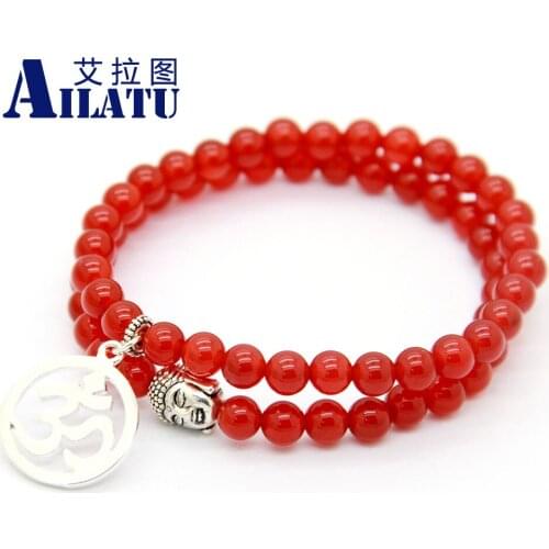 Ailatu New Design Wrap 6mm A Grade Red Stone Inspired Mens Jewelry Wholesale Set of Buddha and OM Chakara Yoga Bracelet