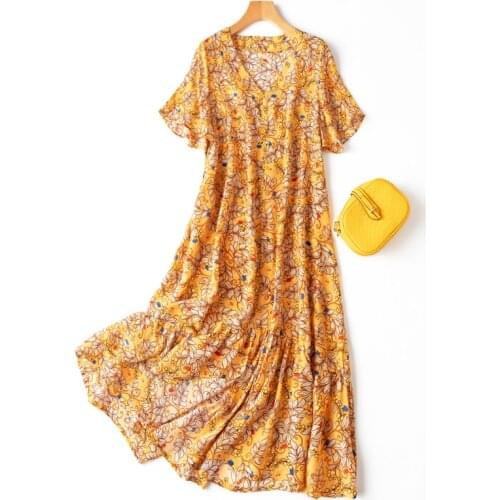 Womens 100% Silk luxury Fashion Heavy Long Dress Half Sleeve Elegant V-Neck Fashion Floral Prints One Size L1156