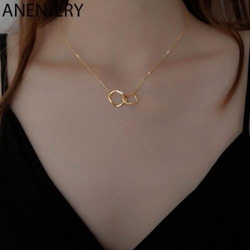 ANENJERY 925 Sterling Silver Double Circle Necklace for Women Irregular Geometric Clavicle Chain Party Jewelry Gift S-N750