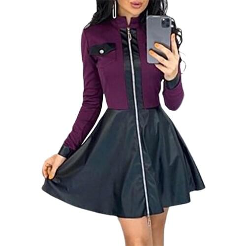 Woman dress Autumn Fashion Dress A-Line Color Block Slim Zipper Faux Leather Short Dress One-piece Plus Size 2XL Sexy Female