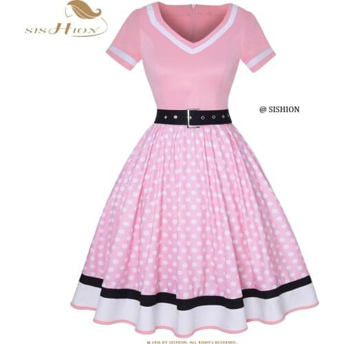 Plus Size Women Vintage Dress Belt Polka Dot V-Neck Short Sleeve Hepburn Sundress Sweetheart Pin Up 50s Party Vestidos VD2080