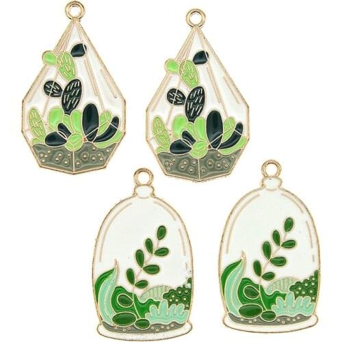 10pcs/lot Metal Glass Potted Plants Cactus Enamel Charms Green Plants DIY Earrings Keychain Pendants Jewelry Findings Phone Case