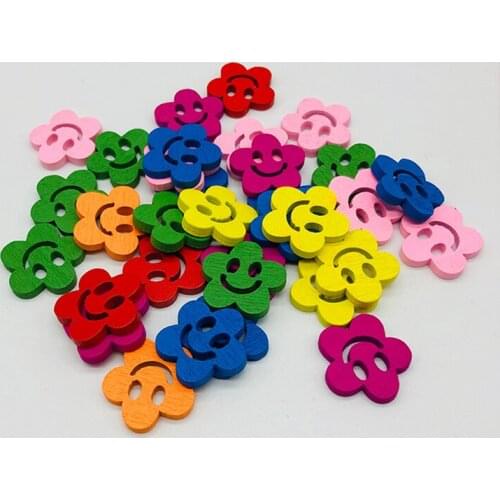 100Pcs/Lot Colorful Flowers With Smile Painting Wooden Buttons For Children Clothing Sewing Buttons Diy Gift Decoration Card