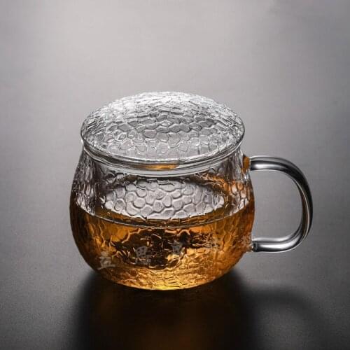 370ml Hammer Pattern Glass Water Cup Borosilicate Glass Tea Cups with Filter and Coverand Handle