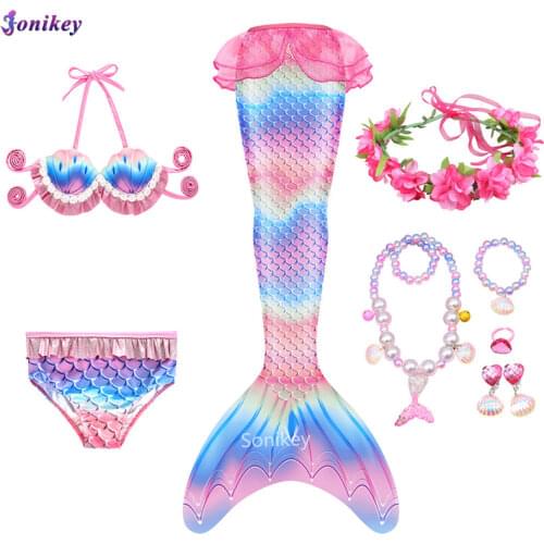 9pcs/set The Little Mermaid Tail Costume Children Mermaid Tail Cosplay Kids Girl Swimsuit Halloween Costume Without Monofin