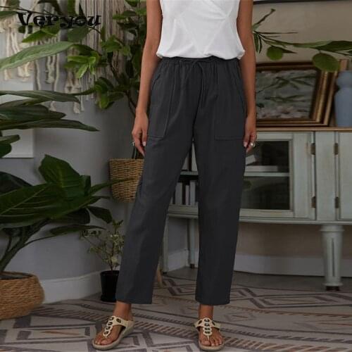 Cotton Linen Pants Women Summer Ankle Length Trousers Drawstring Elastic Waist Big Pockets Casual Loose Plus Size Pants Female