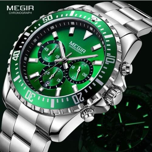MEGIR Mens Chronograph Quartz Watches Stainless Steel Waterproof Lumious Analogue 24-hour Wristwatch for Man Green Dial 2064G-9