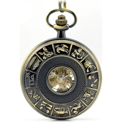 Retro Hollow Skeleton Automatic Mechanical Pocket Watch Mens Watch Vintage Hand Wind Clock Necklace Twelve Constellations Gift