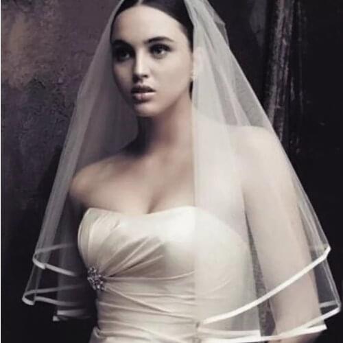 Wedding Simple Tulle White Ivory Two Layers Bridal Veils Ribbon Edge
