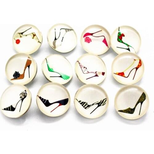 Hot Sale 10pcs/lot 18mm High-Heeled Shoes Snap Button Print Glass Snap Buttons Charms Fit DIY Snap Bracelet Women Gift Jewelry