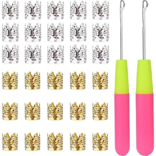 Imzay 32PCS Latch Hook Crochet Needle+Dreadlocks Rhinestone Hair Ring Decoration Braiding Hair Silver Gold Metal