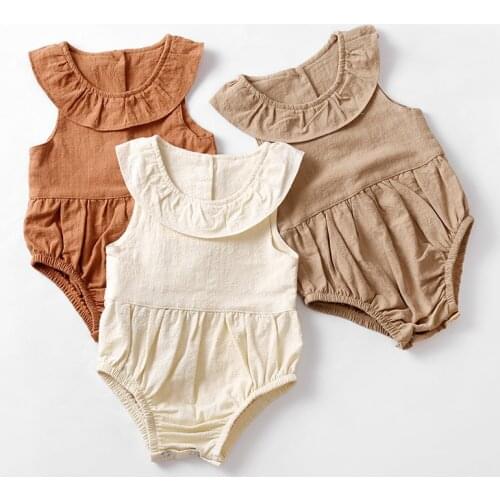 Cotton And Linen Newborn Baby Romper Summer Solid Color Sleeveless Lotus Leaf Collar Boys And Girls One-Piece Bodysuits WT207