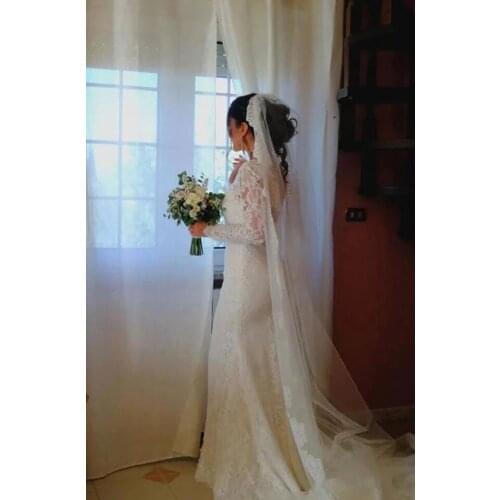 Graceful Sheer Neck High Split Wedding Dress Lace Long Sleeve Bridal Gowns Illusion Back Button Appliques Dresses For Bride