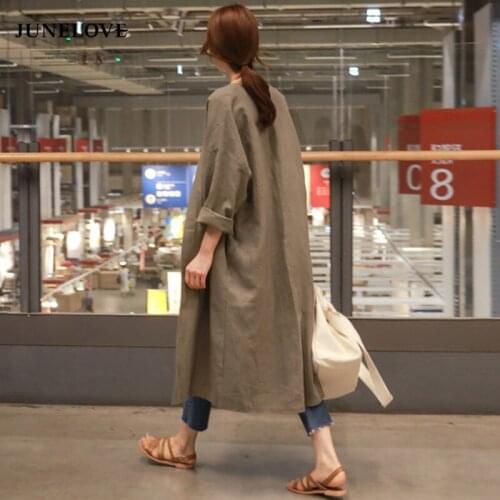 JuneLove Women Long Cotton And Linen Sun Protection Clothing Female Autumn Large Size Loose Thin Over Knee Cardigan Trench Coat