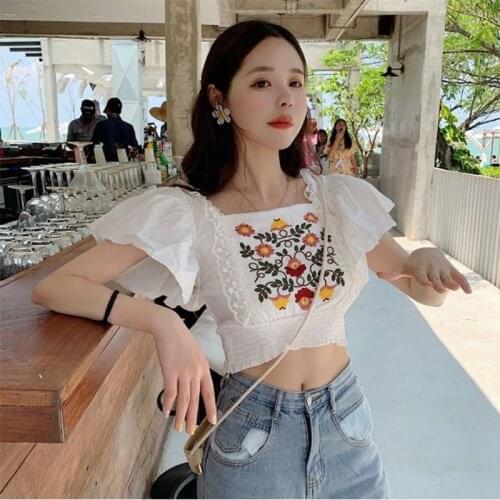 Summer new style Korean retro cropped tops embroidered ruffled short-sleeved square collar shirt women collar blouse