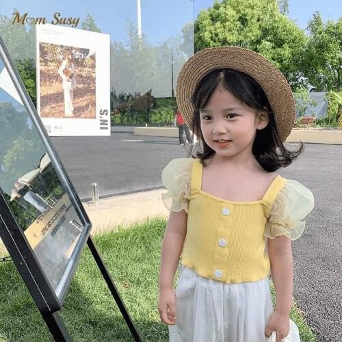 Summer Baby Girl Cotton Ribbed T-Shirt Puff Sleeve Infant Toddler Pincess Lace Short Sleeve Button Tee Top Solid Blouse 1-7Y