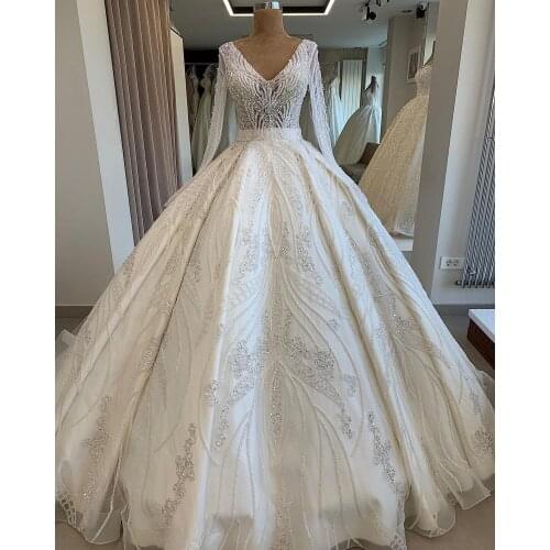 Mariage 2021 Big Ball Wedding Dresses V Neckline Beads Crystal Pearls Long Sleeves Bridal Dresses Mariage Bride Dresses