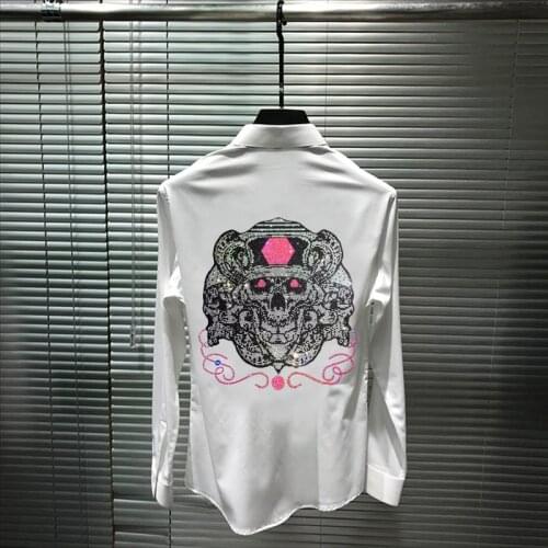 Mens Brand Popular Shirt Skull Hot Drilling Exaggerated Top Quality Slim Personality Long Sleeves