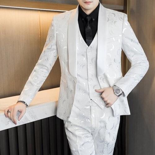 2021 Costume Homme Business Party Suits Men Formal Groom Pattern White Jacquard Suit Slim Fit Mens Tuxedo Wedding Suit For Men
