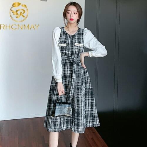 2020 Autumn and winter New Style Splicing Long sleeve Dress Long style Thousand bird lattice Temperament Slim Frenulum Dress