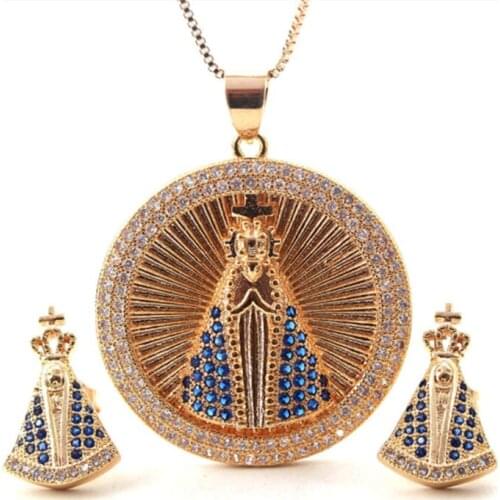1 Set Copper with Cubic Zircon Our Lady of Aparecida Virgin Mary Necklace For Women Luxury Jewelry Accessories