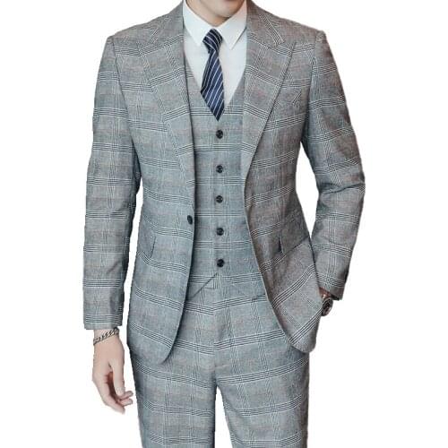 Jacket + Vest + Pants ) Luxury Plaid Fashion Groom Wedding Dress Stage Suit 3 Piece Set Mens Business Casual Gray Suit Tuxedo