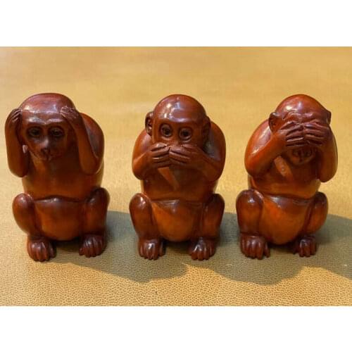 Q4422 - 2 " Hand Carved Japanese Boxwood Netsuke Figurine - set of 3 No EVIL Wise Monkeys Sculpture