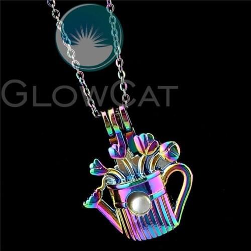 R-C946 Rainbow Flower Sprinkler Beads Cage Pendant Perfume Diffuser Aroma Oyster Pearl Cage Locket Necklace