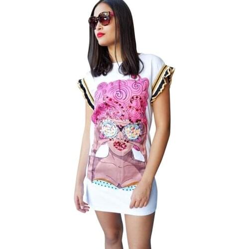 Sexy Long T-shirt Cartoon Sequins Trendy Top Nightclub Women Butterfly Sleeve O-Neck White Large Size Party Hot Sales