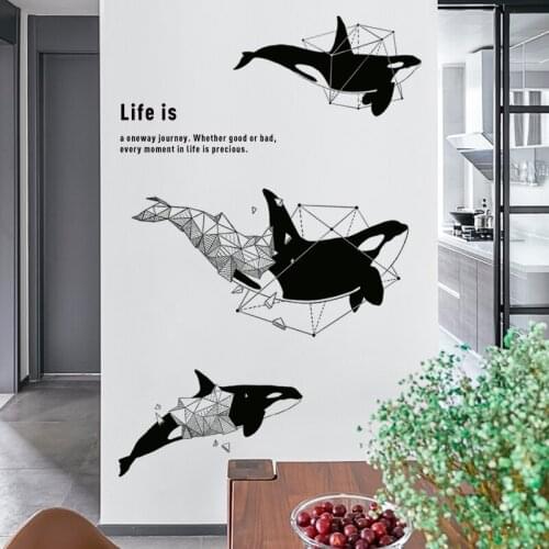 Modern Geometry Whale Wall Stickers Teen Bedroom Wall Decoration Black White Whale Animal Wallpaper Home Office Decor
