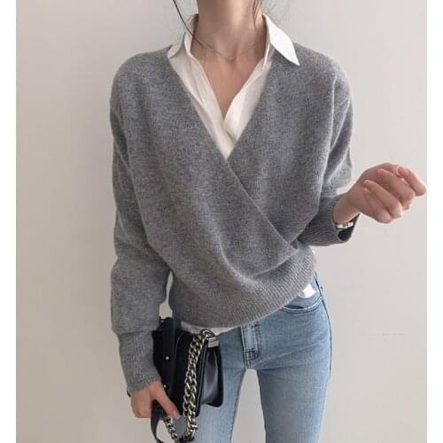Female Elegant Knitwear Loose Sweater Autumn Various Collocations V-neck Sexy Cross Knitted Pullover Women Tide Sweaters