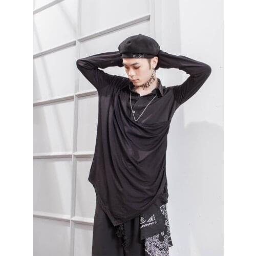 Spring and summer dark pioneer design personality irregular placket mens loose long sleeve shirt hairdressers shirt