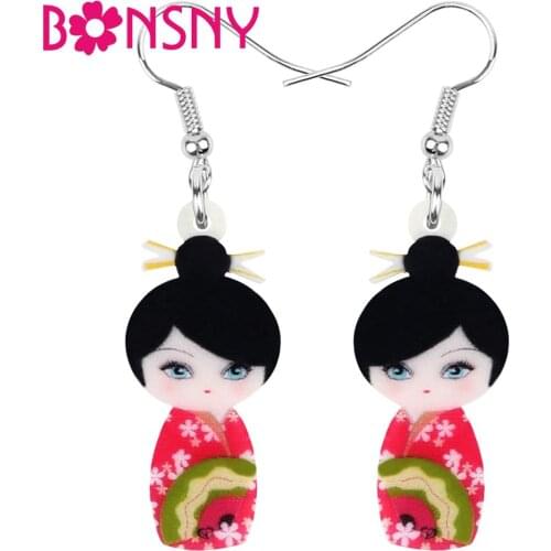 Bonsny Acrylic Japanese Kimono Girl Doll Earrings Drop Dangle Jewelry For Women Girl Teen Kid Trendy Charms Gift Bulk Accessory