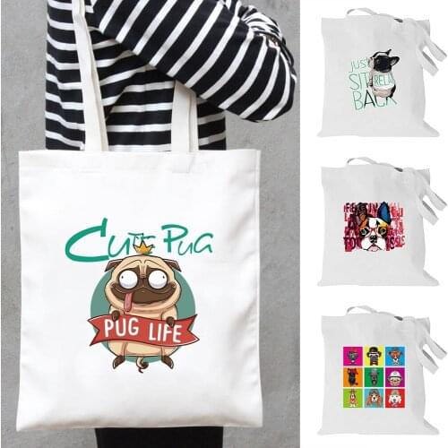 Women Shoulder Bag Funny Puppy Pattern Shopping Bags Cotton Cloth Fabric Grocery Reusable Handbags Tote Book Bag for Girls