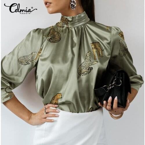 S- Celmia Women Tiger Print Blouses Elegant Tops Fashion Stand Collar Shirts Long Sleeve Party Blusas Femininas 7