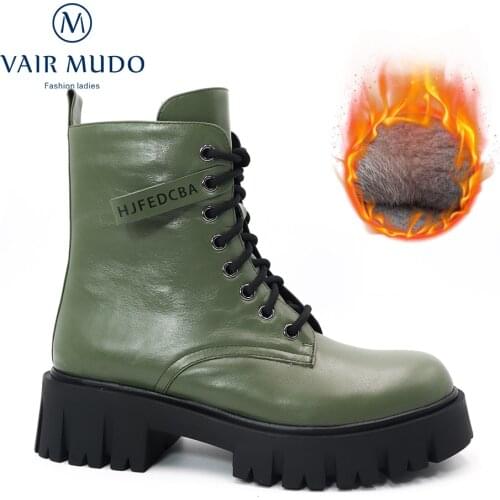 VAIR MUDO Women Ankle Motorcycle Boots Shoes Platform Lace Up Autumn Winter Warm Short Plush And Wool Thick Bottom Boots DX81