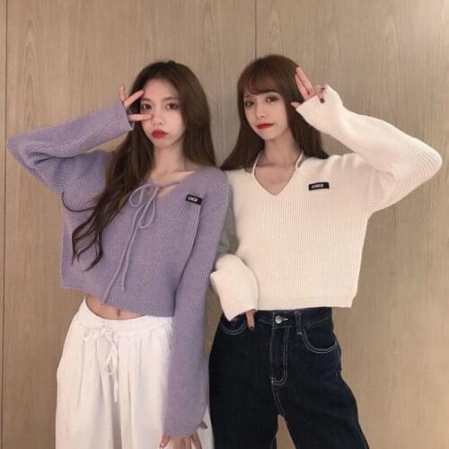 V-neck Sweater Autumn Harajuku Womens Long-sleeved Loose Knitwear Top Jumpers