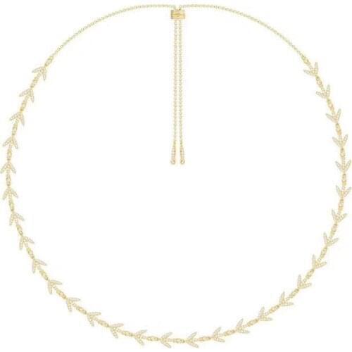 SLJELY Women Luxury Brand 925 Sterling Silver Yellow Gold Color Laurel Leaves Choker Necklace Micro Pave Cubic Zirconia Stones